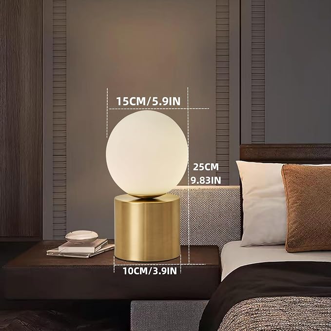 Mid Century Modern Table Lamp with Golden Pillar Bedside Night Light White Glass Globe Table Lamp for Bedroom Living Room and Office
