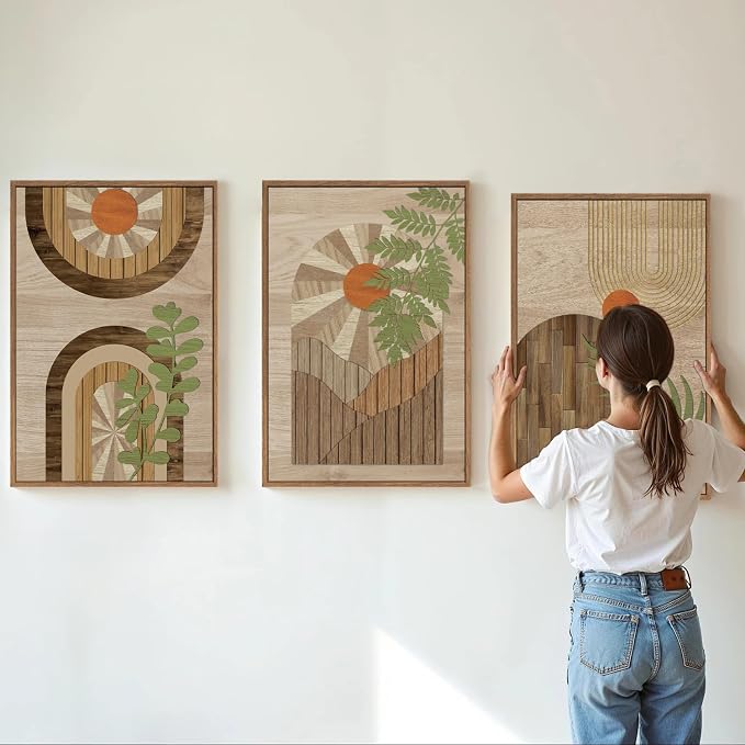 KYLESONLIE Mid Century Modern Framed Canvas Wall Art Set, Boho Wood Geometric Panel Wall Decor, Rustic Wooden Arch Art Painting, Pastel Sage Green Leaf Artwork for Living Room Bedroom Office 16"x24"x3