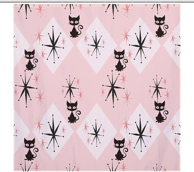 Mid Century Modern Shower Curtain,Pink Retro Atomic Cat Abstract Geometric 1960s Fabric Bathroom Decor Curtains with Hooks 72x72in（183x183cm）