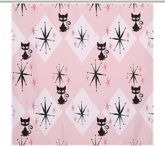 Mid Century Modern Shower Curtain,Pink Retro Atomic Cat Abstract Geometric 1960s Fabric Bathroom Decor Curtains with Hooks 72x72in（183x183cm）