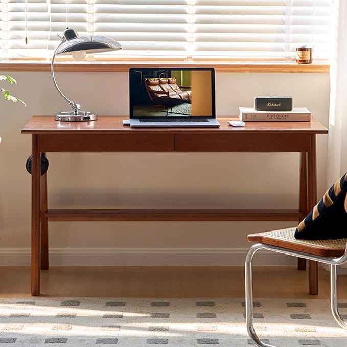 100% Solid Rubber Wood Desk Home Office Desk Mid Century Modern Writing Computer Desk with Drawer for Home Office 47"