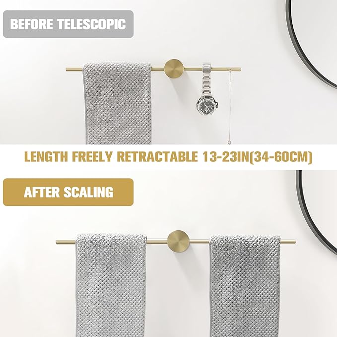 Adjustable Bath Towel Bar Single Bars Towel Rack Rod Wall Mounted SUS304 Stainless Steel Bathroom Towel Holder Toilet Kitchen Towel Shelf Single Layer Modern (Brushed Gold(600mm))