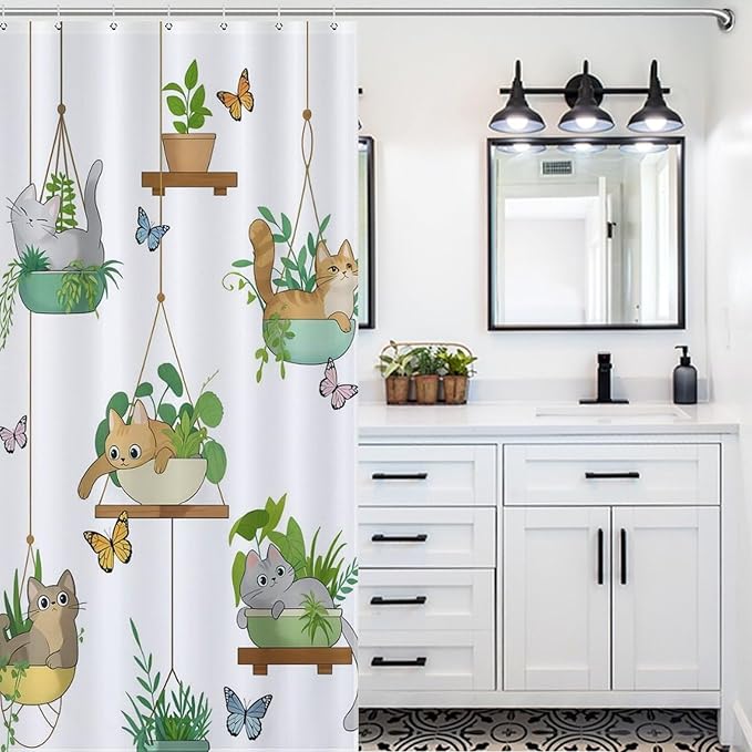 Cat Shower Curtain,Rustic Farmhouse Hanging Potted Plants Funny Animals Bathroom Curtain Polyester Waterproof Fabric Decor 72x72in（183x183cm）