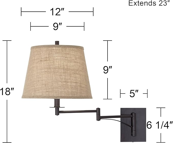 Franklin Iron Works Brinly Farmhouse Rustic Swing Arm Wall Lamps Set of 2 Matte Brown Metal Plug-in 12" Fixture Burlap Hardback Drum Shade for Bedroom Bedside Living Room Hallway Reading