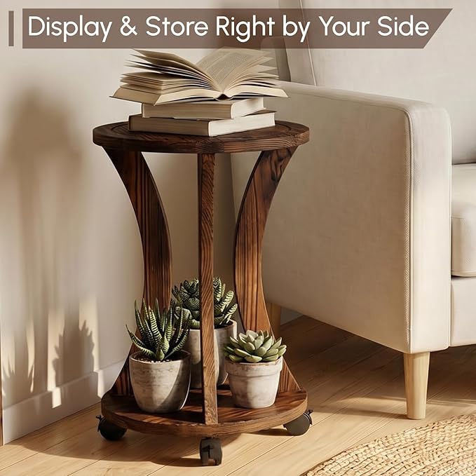 2 Tier Wooden Plant Stand Indoor with Wheels – Tall Plant Stand for 6-12 Inch Pots, Mid-Century Modern Rustic Plant Table Indoor, Pedestal Stand for Corner, Living Room, Balcony, Dark Brown