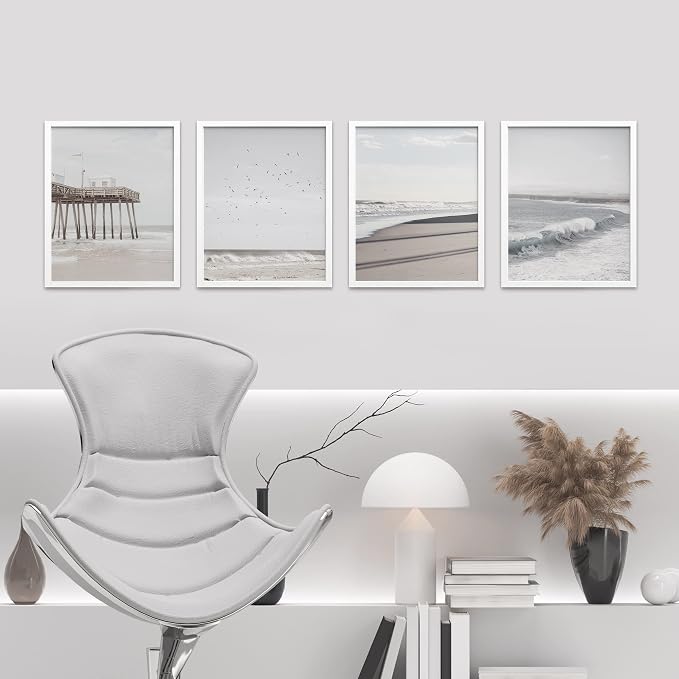 SIGNWIN Framed White Minimalist California Ocean Beach Seashore Pier Wall Art, Set of 4 Landscape Colorful Wall Decor Prints, Nature Wilderness Wall Décor for Living Room, Bedroom - 8"x10" White