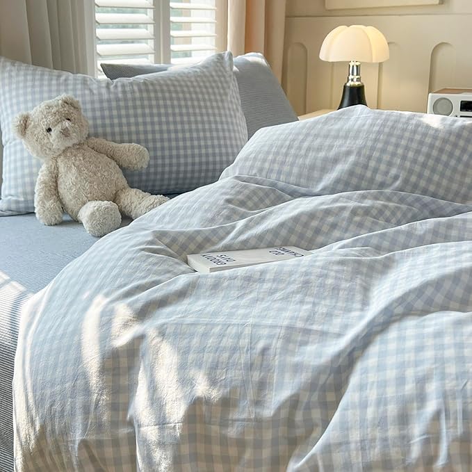 mixinni Light Blue Gingham Duvet Cover Set King Size - 100% Washed Cotton 3 Piece Plaid Checkered Bedding Set, Soft Comfy Grid Farmhouse Comforter Cover with Zipper Closure & Corner Ties