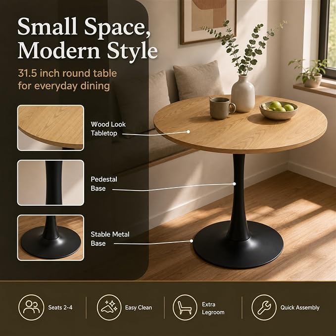Modern 31.5" Round Tulip Dining Table Natural Wood Look Mid Century Pedestal Table for 2–4 Small Kitchen Table Apartment Breakfast Nook Compact Dining Room(No Chairs)