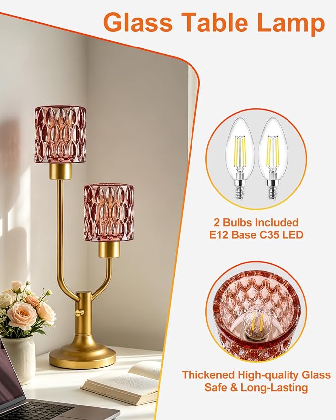 Lightdot Mid Century Modern Table Lamp Dimmable Nightstand Lamp Red Glass Vintage Gold Desk Lamp 2 Bulbs Included Warmwhite Ambient Bedside Lamps for Living Room Bedroom Girls Room Home Office Decor