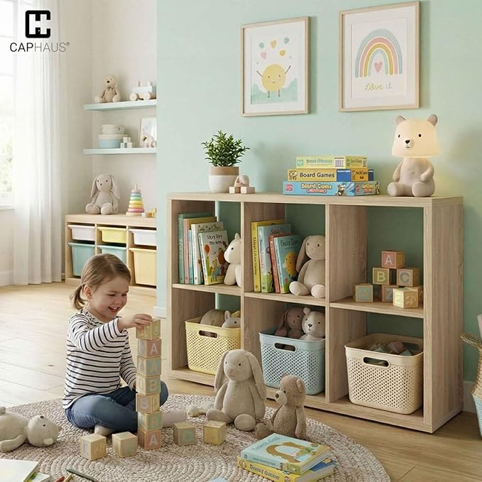 CAPHAUS Sturdy Room 13-Inch Cube Storage Organizer Shelf, with Extra Thick Exterior Edge, Open Storage Shelf Divider, Bookcase, 6-Cube, Natural Oak