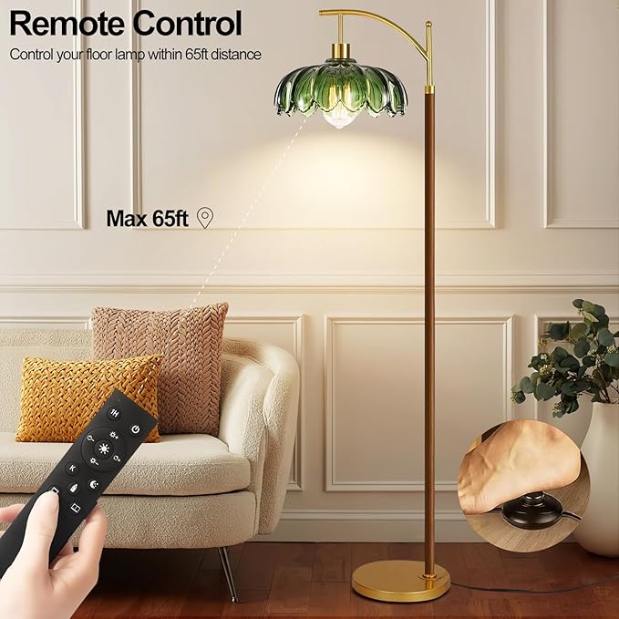 ILLMTW Wood Floor Lamp for Living Room,Bedroom,Glass Mid Century Modern Standing Lamp with Remote Dimmable,Vintage Gold Arc Tall Lamp Green Flower Lamp Shade Floor Lights Boho Bohemian Tiffany Style