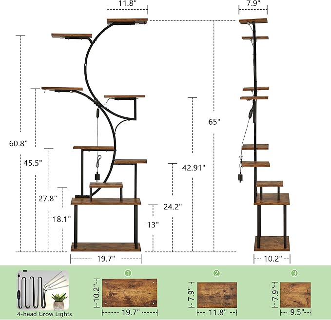 VECELO 66.1" Tall Plant Stand Indoor with Grow Lights, 9-Tier Plant Shelf with Hanging Hooks, S-Shaped Metal Plant Rack, Space-Saving for Home, Living Room & Corner Spaces, Brown
