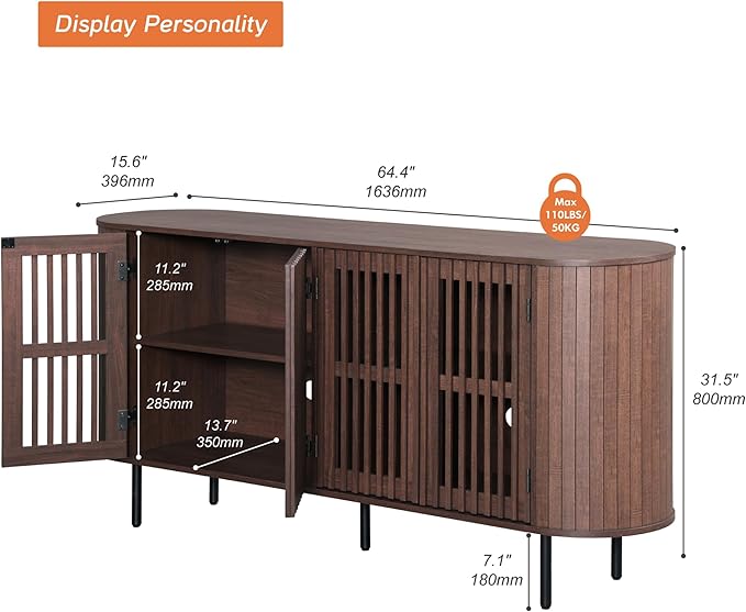 WAMPAT Sideboard Buffet Cabinet with 4 Fluted Doors,64" Wood Accent Storage Cabinet with Curved Design,Credenza for Dining Room,Hallway,Walnut