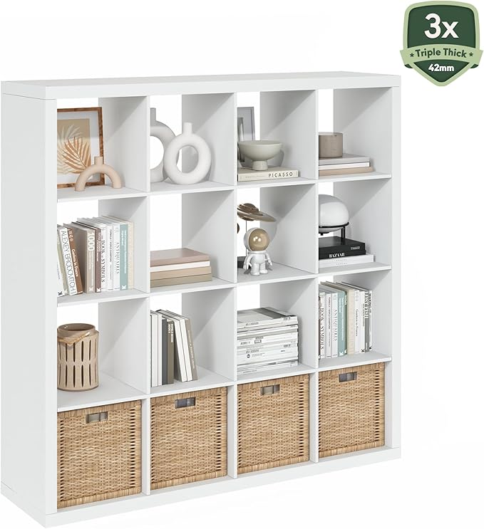 Furinno Cubicle Book Shelf, 16-Cube Bookshelf, Triple Thick Frame Cube Storage Organizer, 1.65" Bookcase, 15.4" x 57.4" x 56.9", for Home Office, Living Room, Plain White