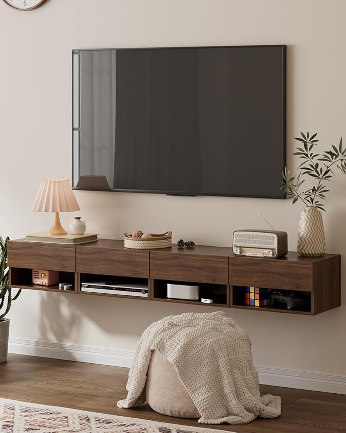 Floating Nightstand, Small Modern Floating Nightstand with Drawer, Floating Shelves for Bedroom, Bathroom (Brown Walnut)