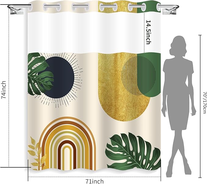 Bohemian Style No Hook Shower Curtain,Black and Green Plants Sun Geometric,Modern High end Hotel,Mid Century with High Visibility Window,White Lining is Detachable,71x74 inches
