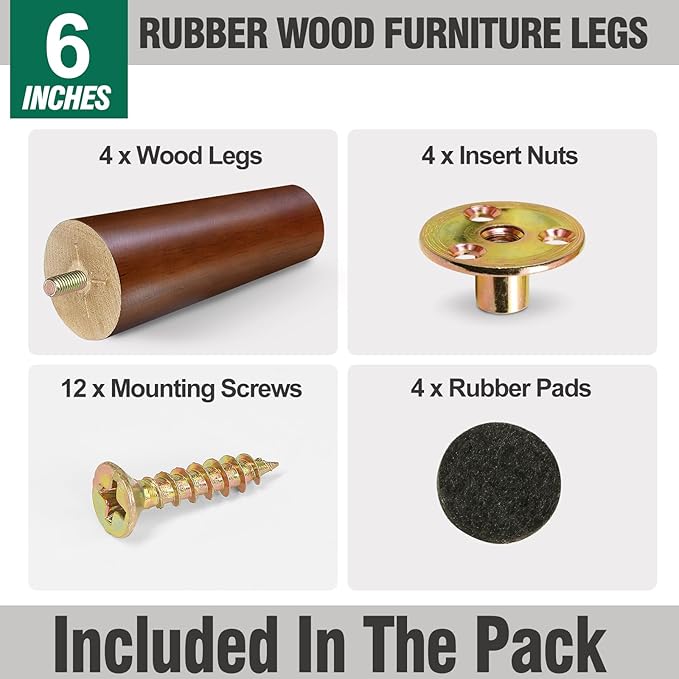 FoDau770 Brown Rubber Wood Furniture Legs 6 Inches, Straight Tapered Wood Feet Mid Century Sofa Legs Set of 4, 5/16" UNC Furniture Feet for Cabinet Couch Dresser Chair Ottoman Table