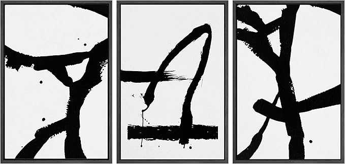 SIGNWIN Framed Canvas Print Wall Art Trio of Dark Paint Strokes Abstract Shapes Illustrations Modern Art Industrial Dramatic Black and White for Living Room, Bedroom, Office - 24"x36"x3 Black