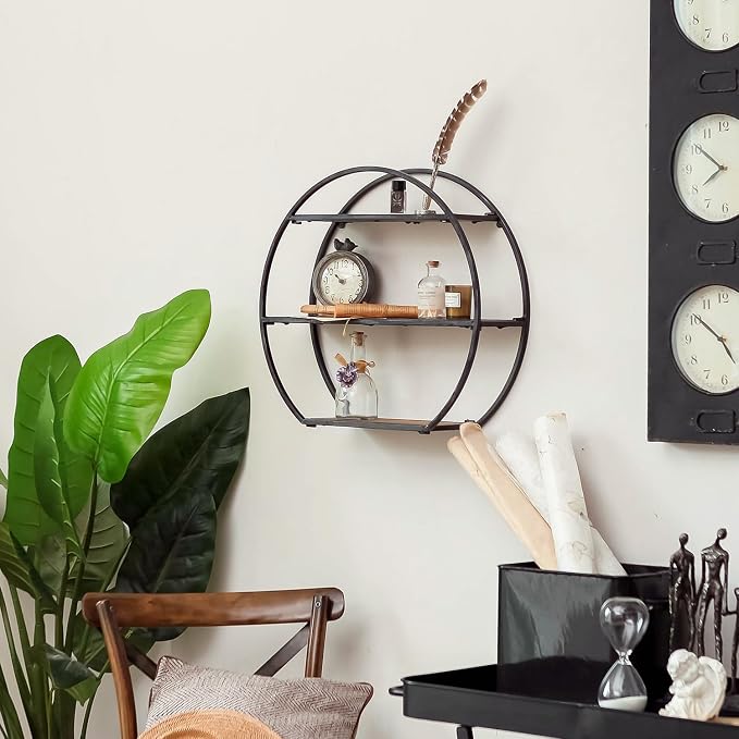 Industrial Style Semi-Circle Shaped Wall Shelves, 3 Tier Decorative Floating Ledge Shelves, Wall Mounted Metal Bracket Wooden Display Hanging Shelf