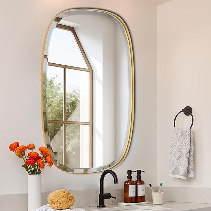 POZINO Brushed Gold Beveled Mirror, 24"x40" Modern Rounded Rectangle Mirrors, Brass Oval Mirrors, Oblong Vanity Wall Mirror in Premium Stainless Steel Frame, Hangs Horizontal Or Vertical