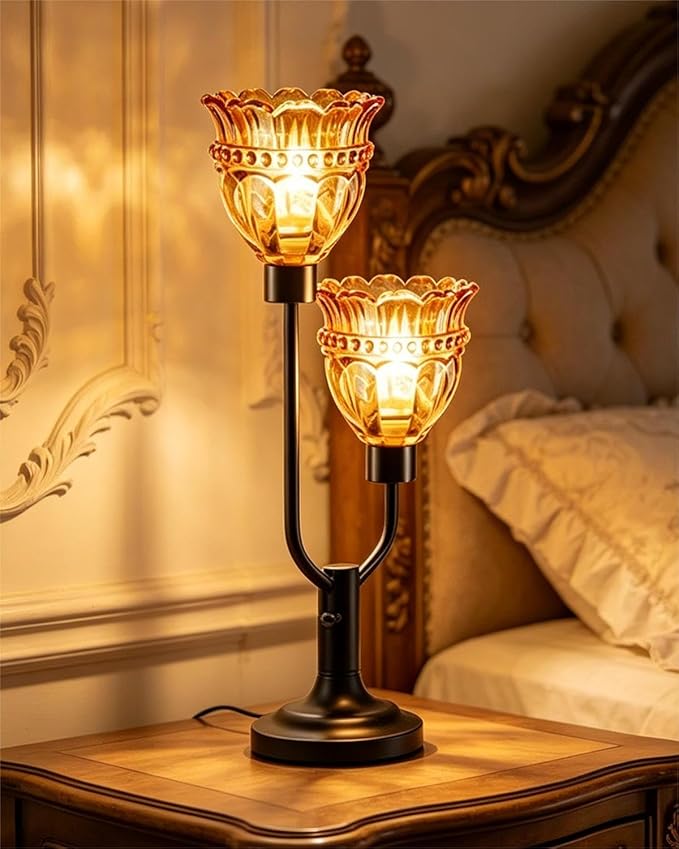 Lightdot Vintage Table Lamp for Living Room Dimmable Mid Century Modern Black Desk Lamp Amber Glass Nightstand Lamp 2 Bulbs Included Warmwhite Ambient Bedside Lamps for Bedroom Home Office Decor Gift