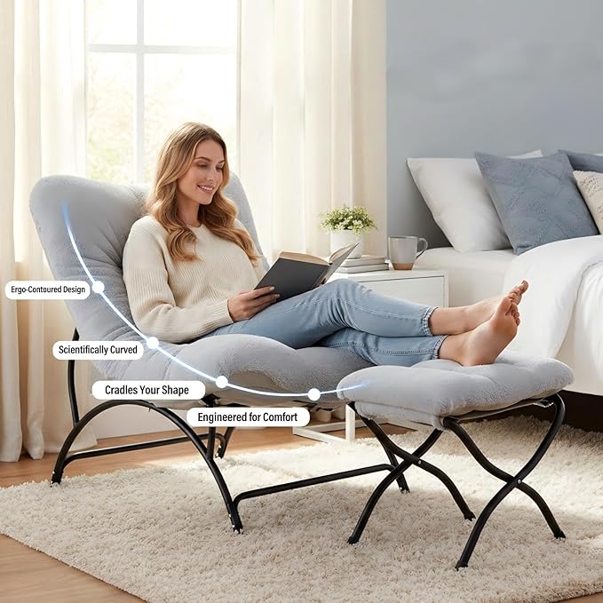 Tiita Accent Lazy Chair with Ottoman, Comfy Lounge Chair with Metal Frame and Plush Fabric, Thick Cushion Seated Cozy Recliner Chair for Reading Room, Living Room, Bedroom, Office, Light Gray