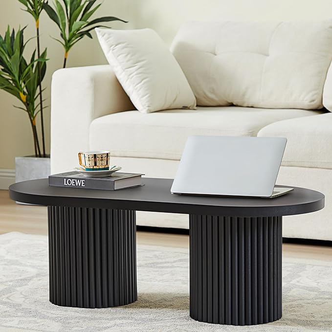 Oval Fluted Coffee Table, Farmhouse Wood Coffee Table Mid Century Modern Center Table Boho Living Room Tables for Living Room Office (Black, 19.69" D x 39.38" W x 13.78" H)