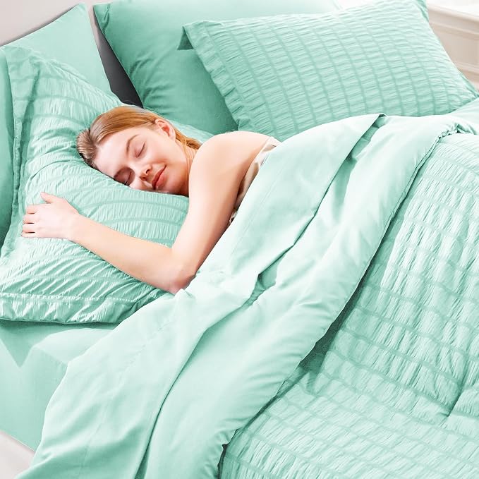 CozyLux Full Size Comforter Sets Mint Green, 7 Pieces Seersucker Textured Luxury Bed in a Bag, All Seasons Soft Bedding Sets with Down Alternative Comforter, Sheets, Pillowcases & Shams, Home Gift