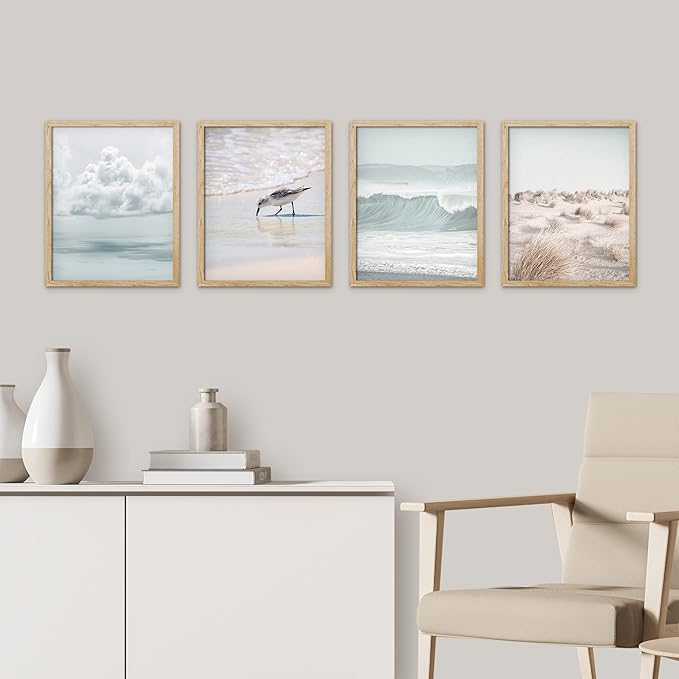 SIGNWIN Framed White Nautical Ocean Sea Beach Grass Seagull Wall Art, Set of 4 Landscape Colorful Wall Decor Prints, Nature Wilderness Wall Décor for Living Room, Bedroom - 12"x16" Natural