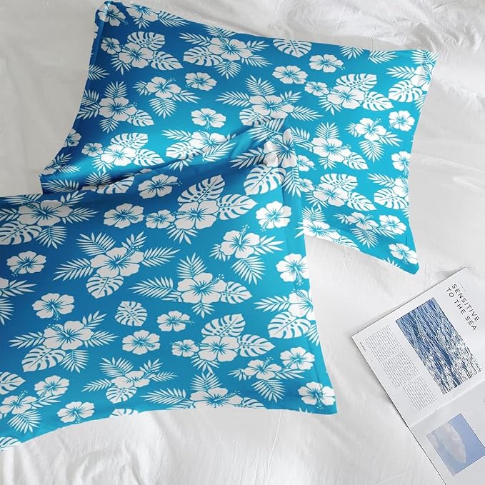Pamnest Comforter Set Queen Size, Blue Hawaiian Flower Soft 3 Pcs Bedding for Kids and Adults, Hibiscus Beach Surf Comforter Set with 2 Pillowcases for Bedroom Bed Decor