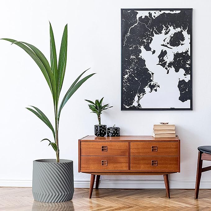 Fox & Fern Large Indoor Planter, Modern Large Plant Pot for Indoor or Outdoor, UV and Frost Resistant - 12 Inch, Polystone, Matte Gray Flower Pot with Drainage Plug, 3D Printed Design
