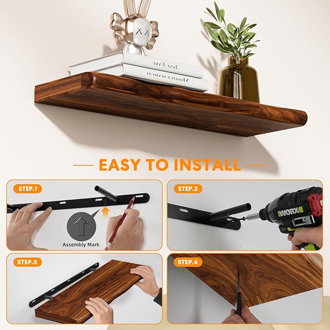 Floating Shelves for Wall Rustic Farmhouse 24 Inch Floating Shelf Bathroom Wooden Shelves for Wall Mounted Live Edge Pine Wall Shelf with Unique Natural Grain for Living Room Bedroom Kitchen (Walnut)