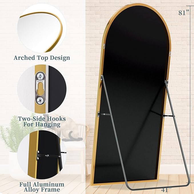 Full Length Mirror with Stand, 81"x41" Arched Full Body Mirror, Large Stand Up Mirrors, Aluminum Frame Floor Standing Mirrors, Freestanding Hanging Leaning Mounted for Bedroom Living Room,Gold