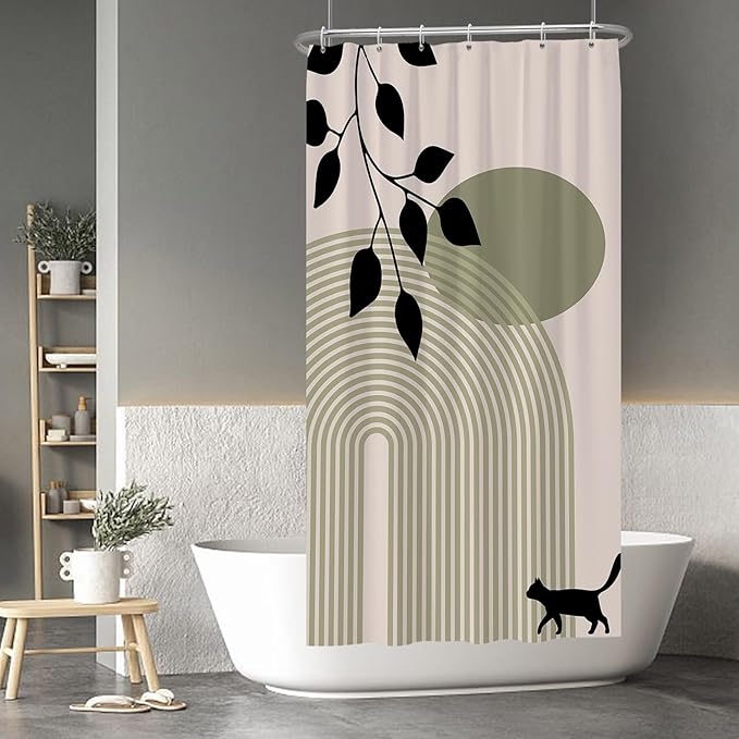 Baocicoo Minimalist Boho Shower Curtain Mid Century Silhouette Cat Botanical Shower Curtain for Bathroom Home Bathtub Living Room Decor Fabric Waterproof Curtain for Bathroom with Hooks 36x72 Inches