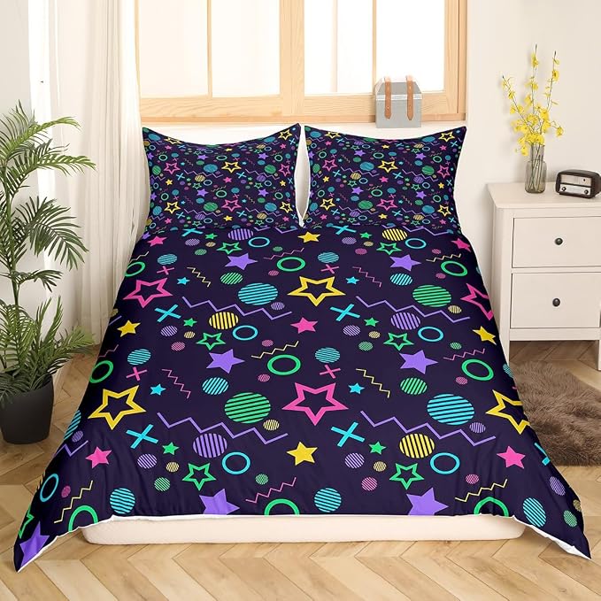 Memphis Duvet Cover Set King Size, Colorful Geometric Vintage Style Comforter Cover with 2 Pillowcases, 80s 90s Fashion Style Bedding Set for Kids Boys Girls Lightweight Bedspread Cover,No Comforter
