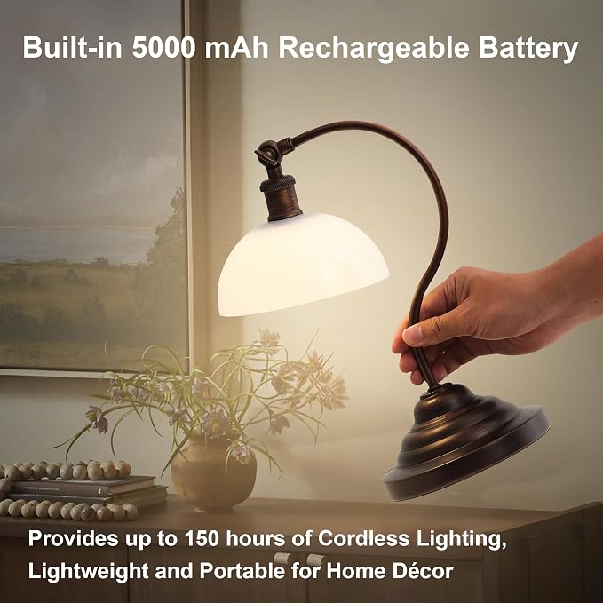 KARTOOSH Cordless LED Table Lamp, Battery Operated Desk Lamps with Swing Arm & Plastic Shade, Vintage Small Rechargeable Dimmable Light for Bedroom, Living Room, Nightstand, Oil Rubbed Bronze