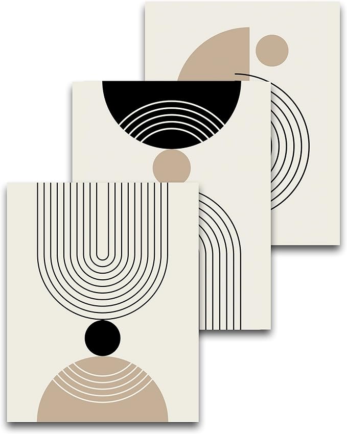 HesenDot Unframed Abstract Geometric Line Wall Art Set of 3, 12x16in Boho Mid Century Canvas Prints, Modern Arch Posters, Neutral Minimalist Wall Decor for Living Room Bedroom Bathroom Study, Unframed