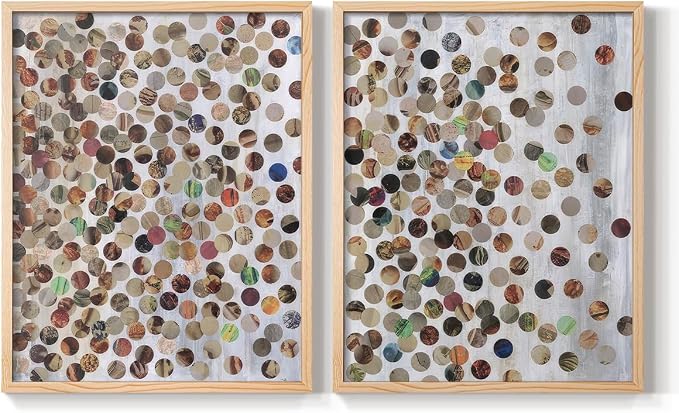Renditions Gallery Set of 2 Peel & Stick Framed Prints, Textured Abstract Wall Art, Scattered Circular Cutouts Wall Decor, Re-Stickable - Ready to Hang - 22"x28" - NATURAL WOOD Frame LT588
