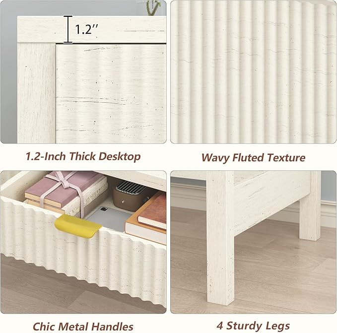 YOMILUVE Fluted Computer Desk with 2 Drawers, 39 Inch Small Computer Desk with Storage, Compact Writing Study Vanity Desk for Small Spaces, White