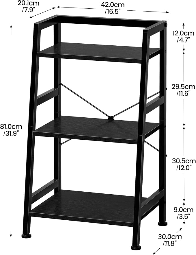 3-Tier Bookshelf, Ladder Shelf, Stand up Shelves, Industrial Bookcase with Steel Frame, Metal Small Bookcase, for Living Room, Home Office, Kitchen, Bedroom, Industrial Style（Black）