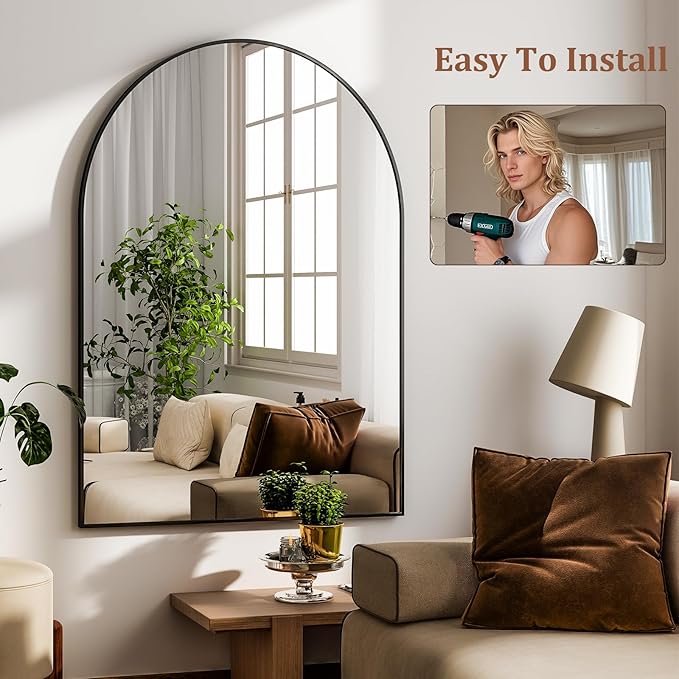 HARRITPURE 20"x28" Arched Bathroom Mirror, Wall Mounted Mirror, Black Arch Mirror, Aluminum Alloy Frame Wall Mirror for Living Room, Bedroom and Entryway