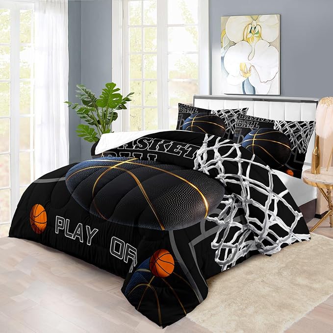 Basketball Comforter Set Queen Bedroom Decor,Sports Comforter Sets for Boys,Black Basketball Bedding Queen,Gold Sports Bedding for Teen,Black Bedroom Decor Boys,Ball Games Quilt Set