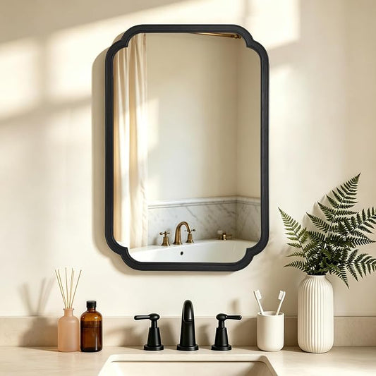 HOMECOOKIN Wood Bathroom Mirror for Wall Decor Arched Rounded Corner Rustic Wood Frame Wall Mirror Home Decorative for Vanity, Living Room, Bedroom, Entryway (24 x 36 inch, Black)