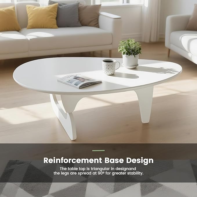 Solid Wooden Modern Triangle Coffee Table: Unique Funky Coffee Tables for Living Room, Oval Mid-Century Irregular Abstract Tea Tables for Patio Office Balcony Bedroom (White, 33" L x 24" W x 16" H)