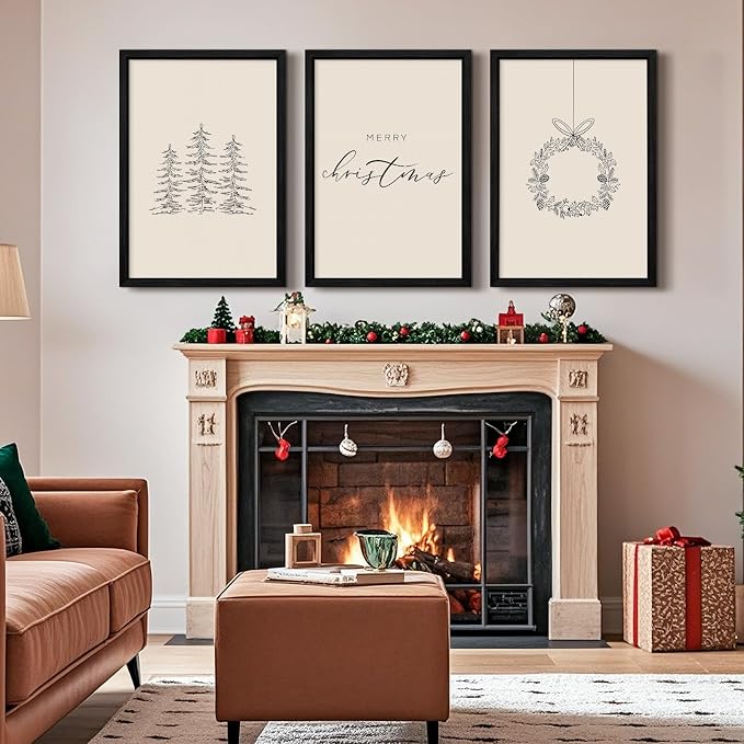 Christmas Wall Art Winter Xmas Canvas Decor Christmas Tree Picture Merry Christmas Wall Art Minimalist Vintage Painting Beige Farmhouse Prints Holiday Poster for Bathroom 12x16x3 Inch Framed