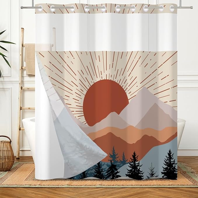 No Hook Boho Shower Curtain with Snap in Liner Set Mid Century Shower Curtains for Bathroom Decor Abstract Modern Sun Minimalist Aesthetic Waterproof Polyester Fabric 71x74 Inch