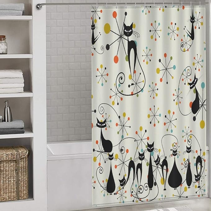 Mid Century Atomic Cat Shower Curtains, Atomic Abstract Geometric Cat Retro Pattern Waterproof Shower Curtains for Bathroom Decor 12 Pack Hooks 55x72in（140x183cm）