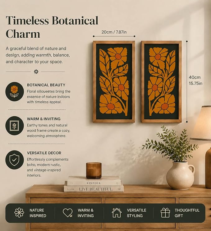 pechpell 2pcs Mid Century Modern Wall Decor, 15.7x7.9in Wooden Floral Mcm Abstract Wall Art, Orange Flower Prints Pictures Rustic Bedroom Bathroom Living Room Gallery Decorations For Home