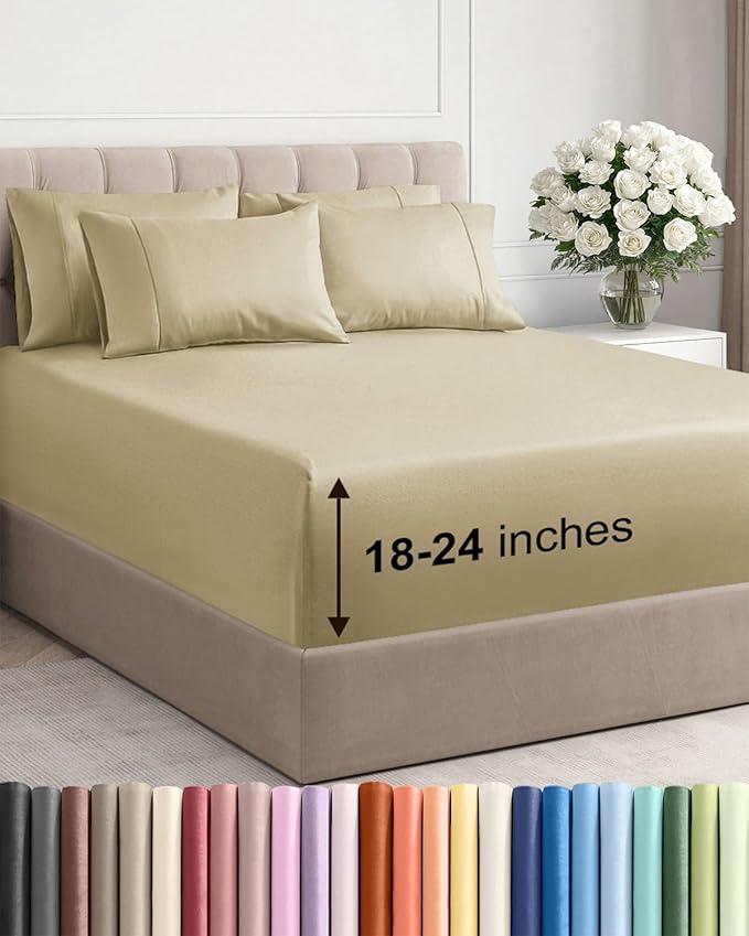 Extra Deep King Sheet Set - 6 Piece Breathable and Cooling Sheets - Hotel Luxury Bedding for Women, Men, Kids & Teens - Easy & Secure Fit - Soft, Wrinkle Free and Comfy - Extra Deep Pockets - Beige