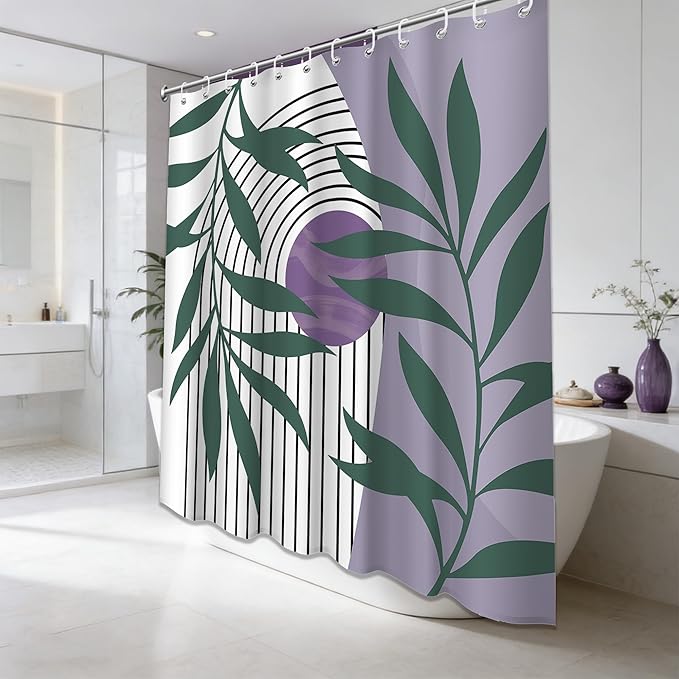 Boho Purple Shower Curtain Light Purple and Green Mid Century Modern Shower Curtains for Bathroom Decor Sets, Waterproof Fabric with Hooks, 70" W x 72" L